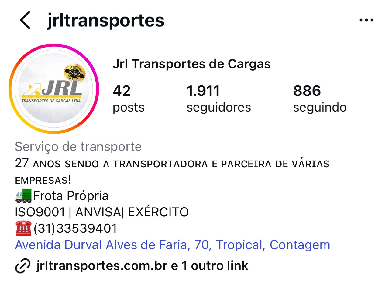 Perfil da JRL Transportes no Instagram