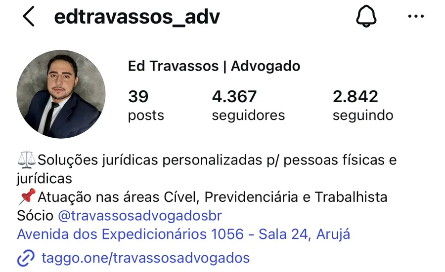 Perfil da Travassos Advogados no Instagram